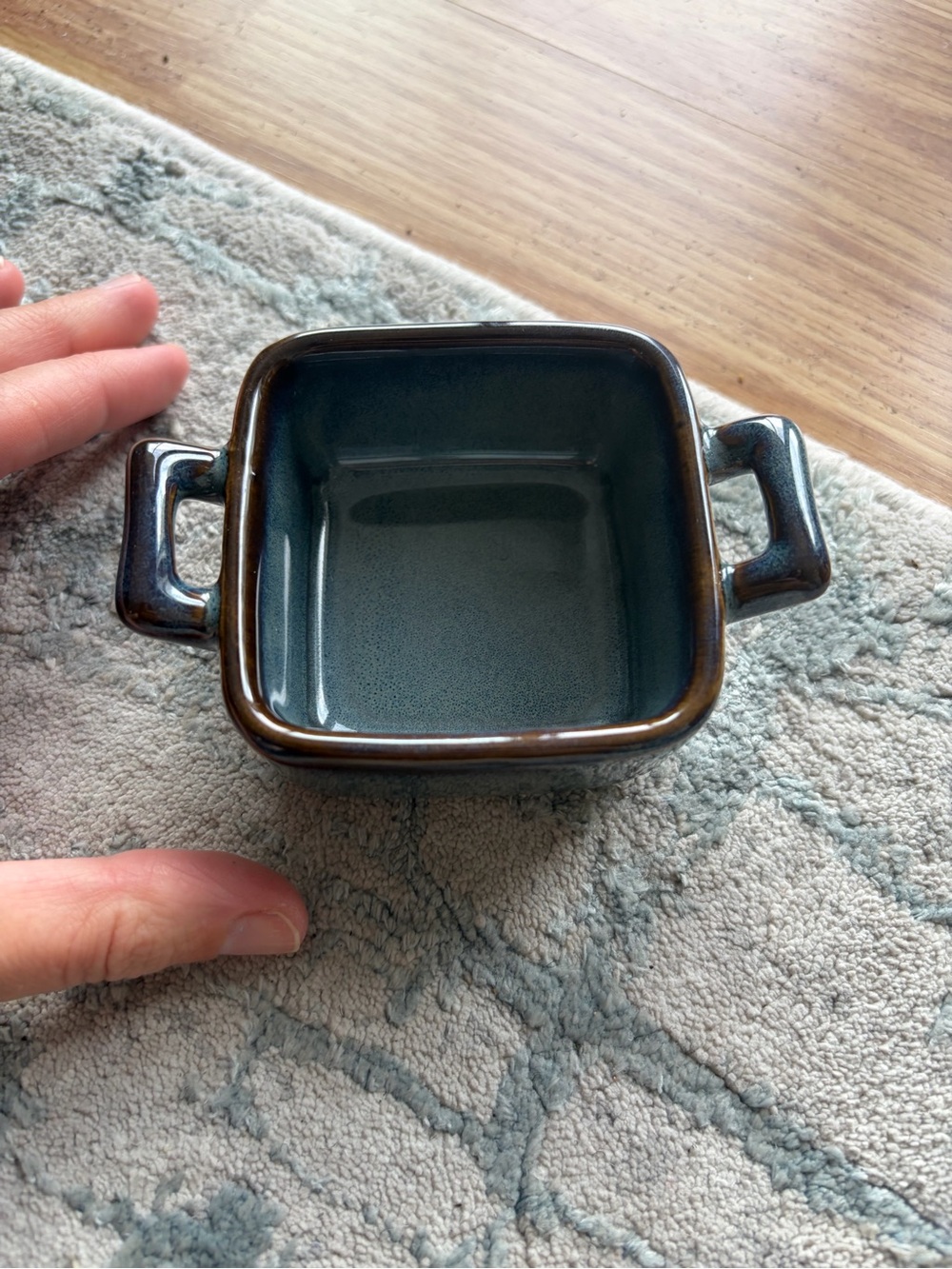 Vintage-Style Square Ceramic Dish with Handles - Blue Green Glaze